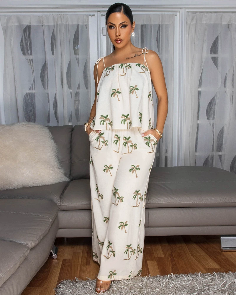 Anirah Cream Palm Tree Embroidery Top & Pants Set