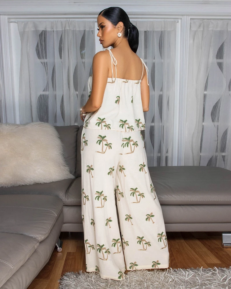 Anirah Cream Palm Tree Embroidery Top & Pants Set