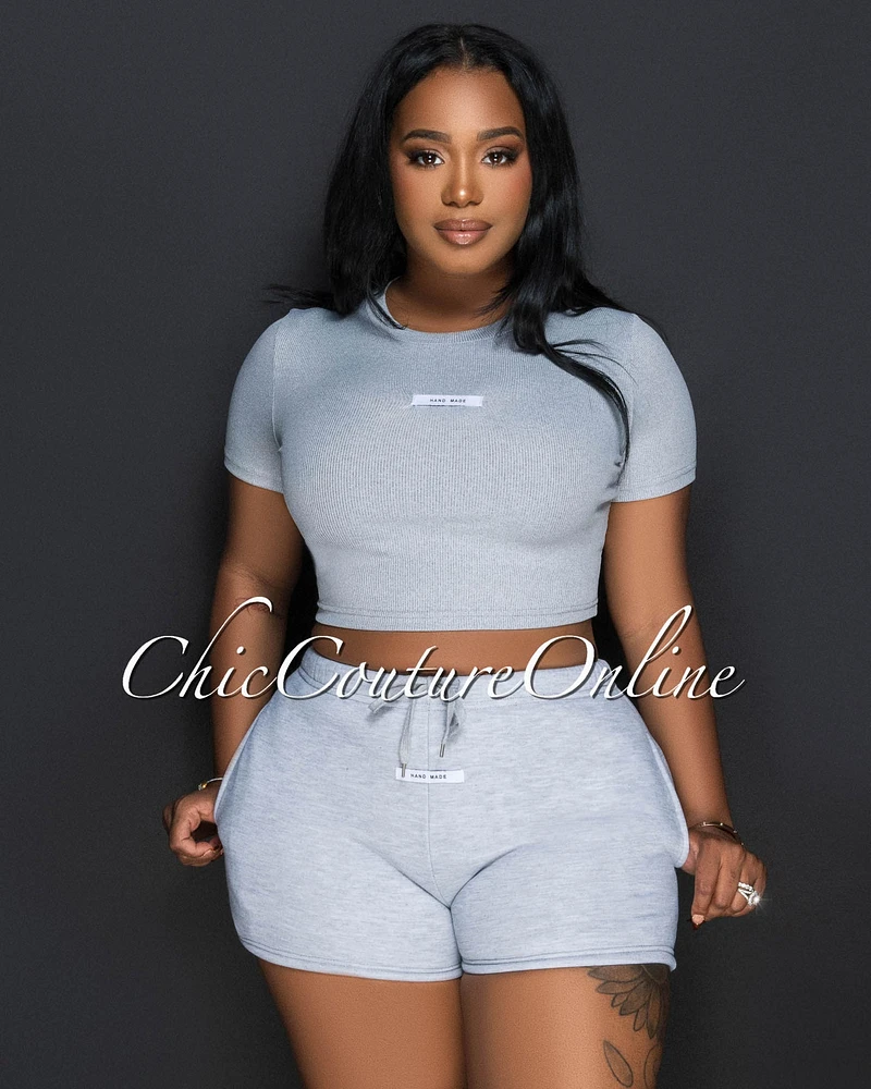 Monola Grey Ribbed Crop Top & Shorts Set