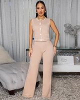 Samira Nude Cream Trim Knit Pants Set