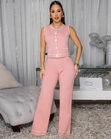 Samira Blush Cream Trim Knit Pants Set