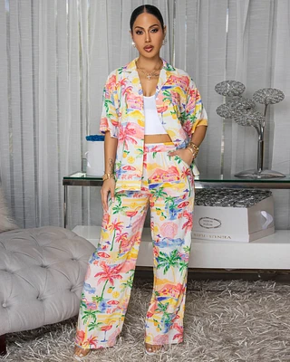 Ellington Ivory Multi-Color Palm Tree Print Pants Set
