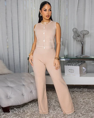 Samira Nude Cream Trim Knit Pants Set