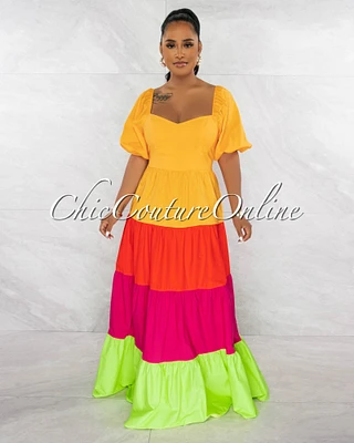 *Lexxi Orange Magenta Green Color Block Ruffle Maxi Dress