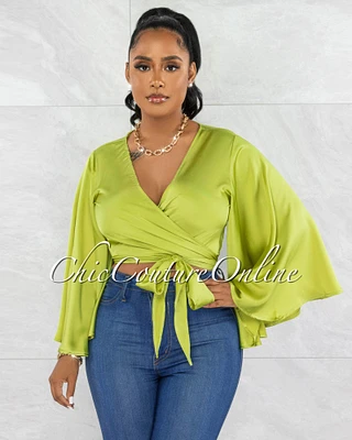 Yancy Apple Green Wide Sleeves Silky Blouse