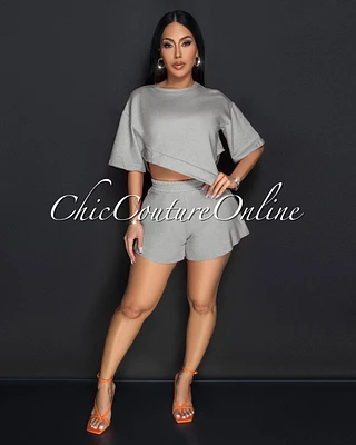 Karena Grey Assymetrical Crop Top & Hi Lo Shorts Sporty Set