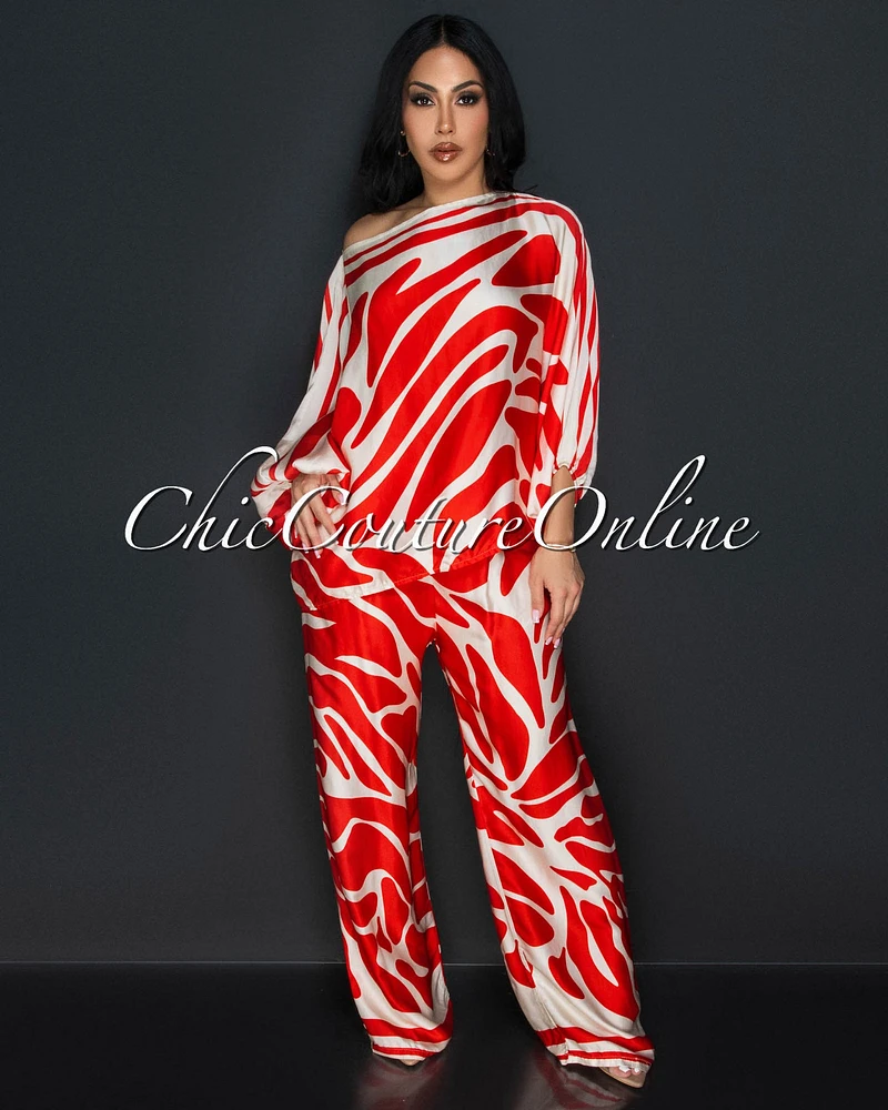 Safira Red Beige Print Kimono Shirt & Wide Pants Silky Set