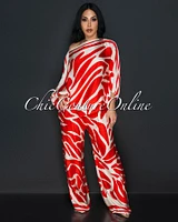 Safira Red Beige Print Kimono Shirt & Wide Pants Silky Set