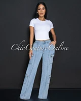 Yanira Light Blue Denim Cargo Wide Legs Jeans