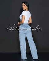 Yanira Light Blue Denim Cargo Wide Legs Jeans