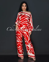 Safira Red Beige Print Kimono Shirt & Wide Pants Silky Set