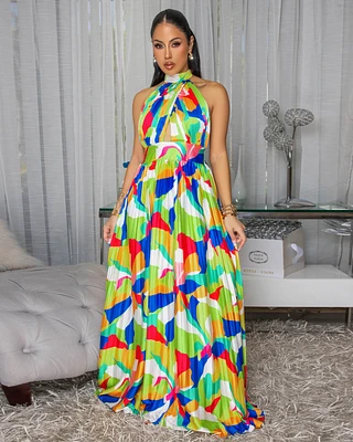 Delray Multi-Color Print Silky Halter Maxi Dress