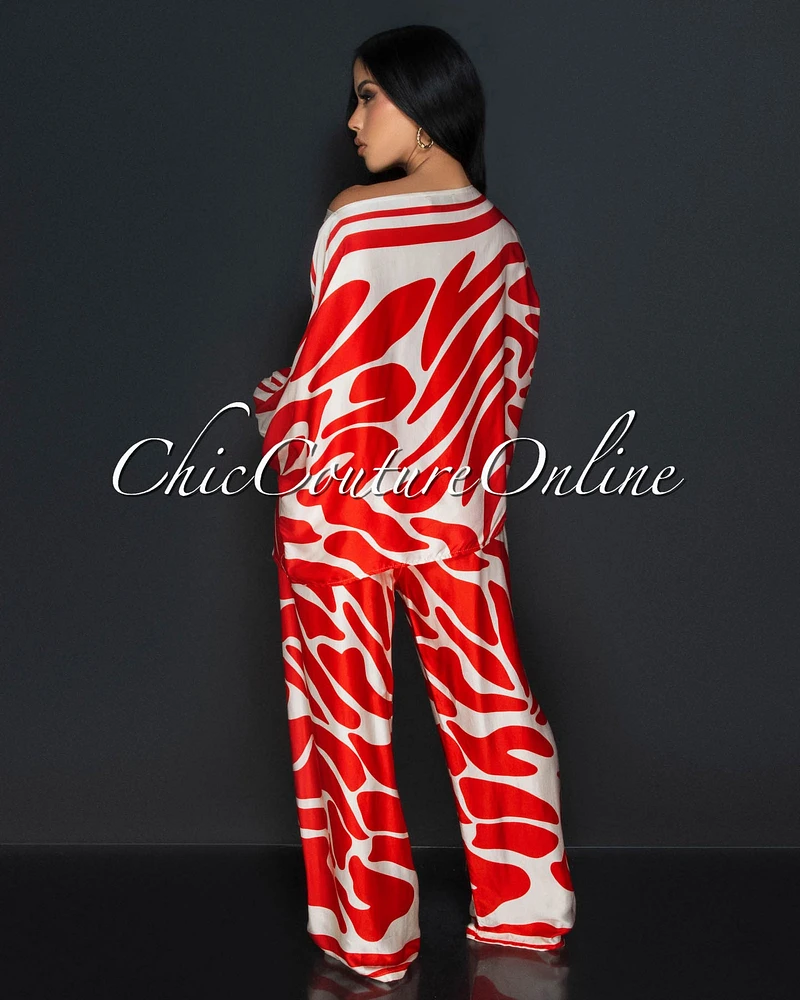 Safira Red Beige Print Kimono Shirt & Wide Pants Silky Set