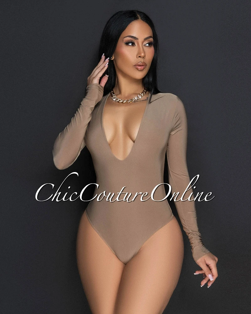 Nilam Mocha Deep V Neck Long Sleeves Bodysuit