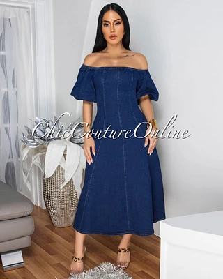 Luisa Dark Denim Off-The-Shoulder Midi Dress