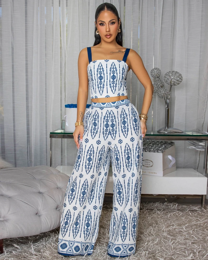 Toya Off-White Blue Print Pants Set