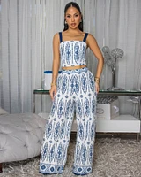 Toya Off-White Blue Print Pants Set