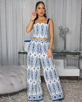 Toya Off-White Blue Print Pants Set