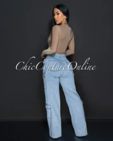 Yanira Light Blue Denim Cargo Wide Legs Jeans