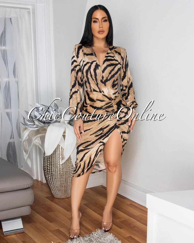 Latibel Beige Black Zebra Print Dress