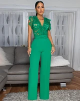 Ecco Green Crochet Lace See-Through Top Jumpsuit