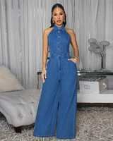 Adama Medium Blue Wash Halter Jumpsuit