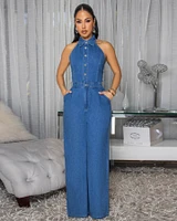 Adama Medium Blue Wash Halter Jumpsuit