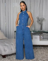 Adama Medium Blue Wash Halter Jumpsuit