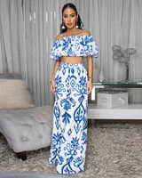 Andy Off-White Blue Print Ruffle Top & Pants Set
