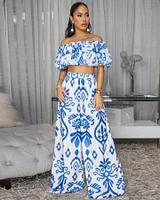 Andy Off-White Blue Print Ruffle Top & Pants Set
