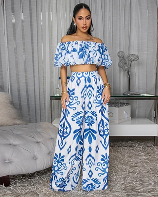 Andy Off-White Blue Print Ruffle Top & Pants Set