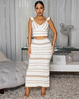 Janessa Off-White Taupe Crochet Top & Maxi Skirt Set