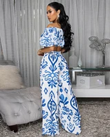 Andy Off-White Blue Print Ruffle Top & Pants Set