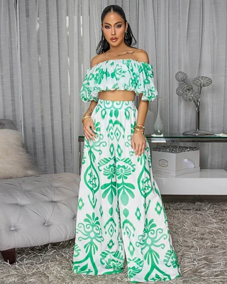Andy Off-White Green Print Ruffle Top & Pants Set