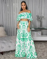 Andy Off-White Green Print Ruffle Top & Pants Set