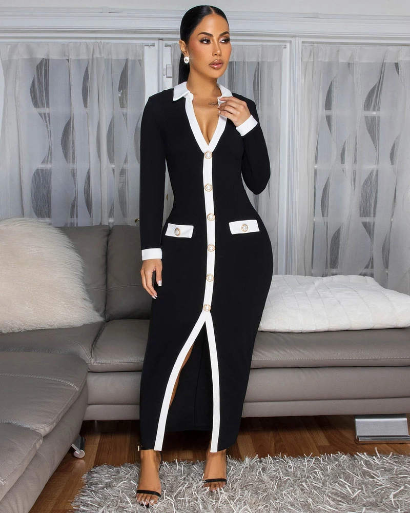 Jacintha Black White Trim Maxi Dress