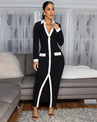 Jacintha Black White Trim Maxi Dress
