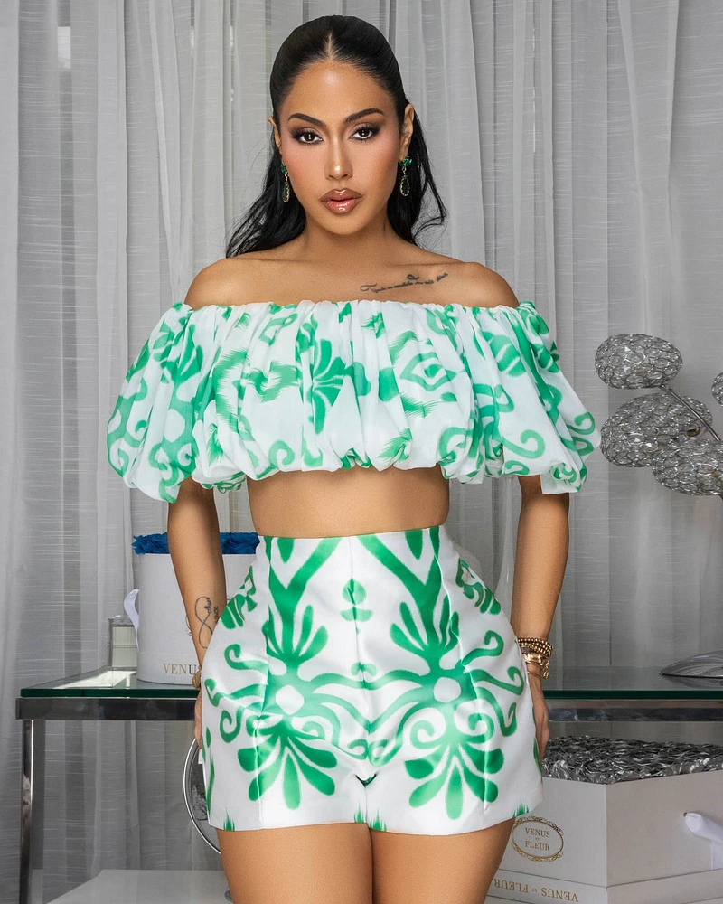 Maropisa Off-White Print Ruffle Top & Shorts Set