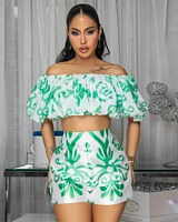 Maropisa Off-White Print Ruffle Top & Shorts Set