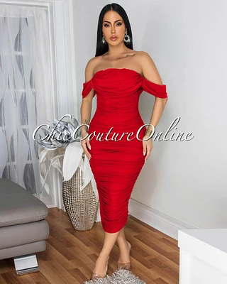 Becca Red Mesh Overlay Ruched Off-The Shoulder Midi Dress