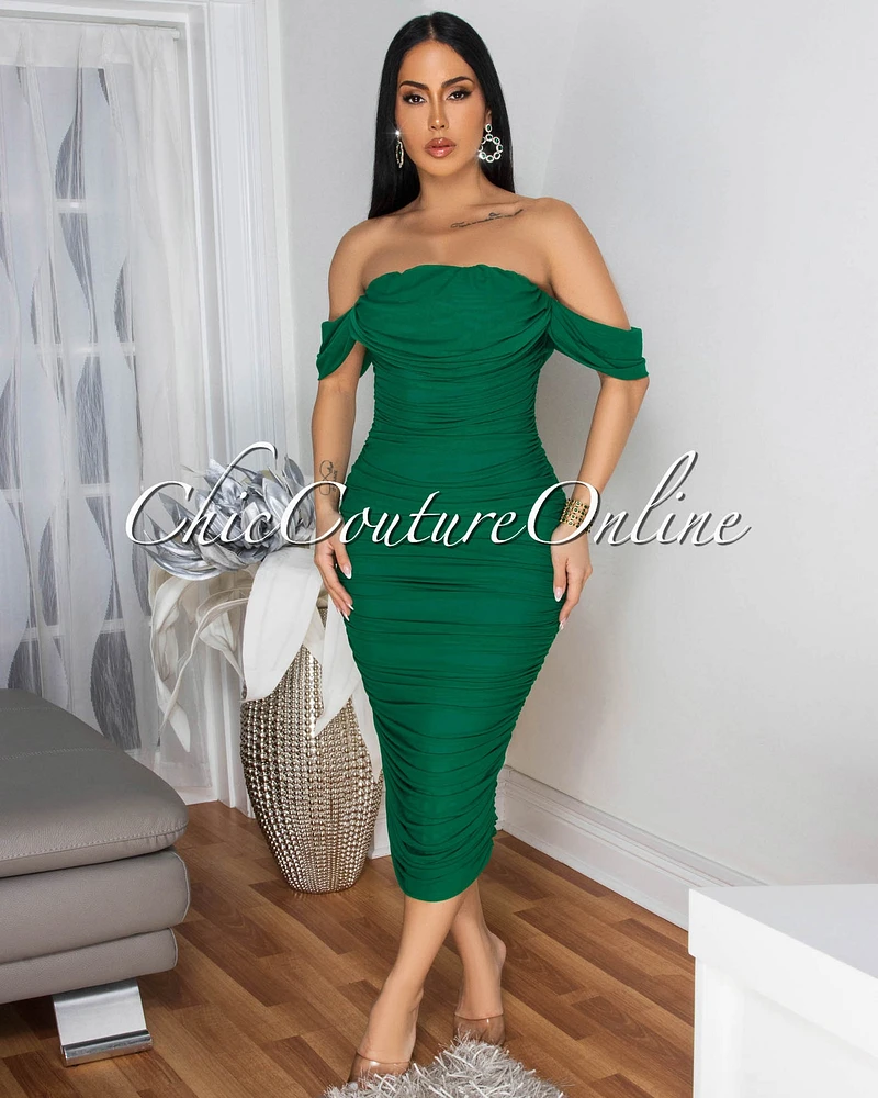 Becca Green Mesh Overlay Ruched Off-The Shoulder Dress