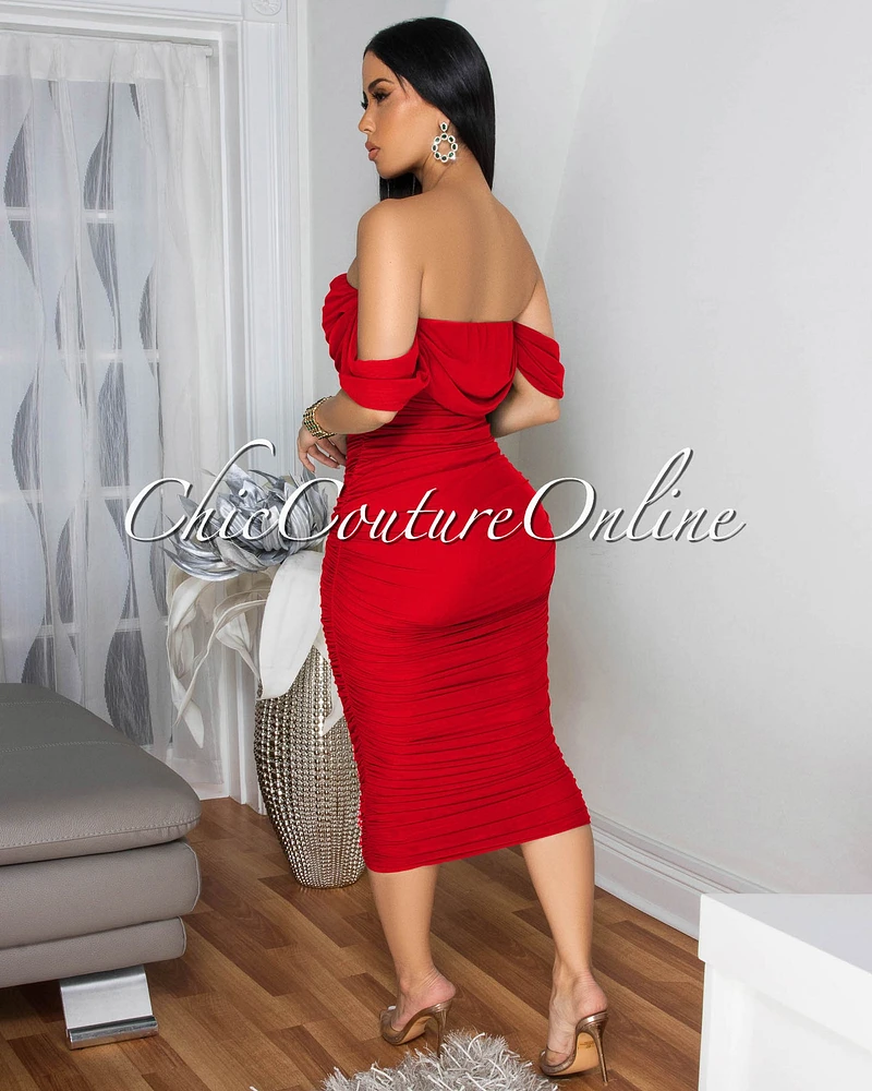 Becca Red Mesh Overlay Ruched Off-The Shoulder Midi Dress