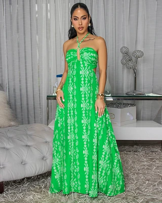 Cyrene Green White Print Halter Maxi Dress