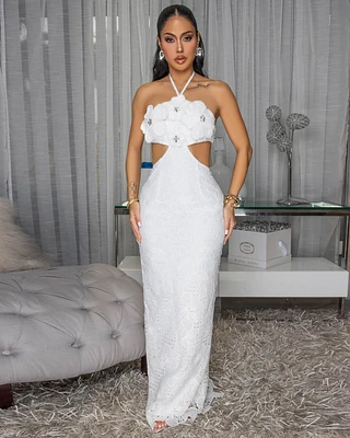 Bexxe White Crochet Padded Maxi Dress