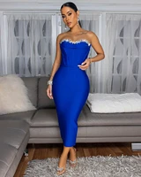 Orellia Royal-Blue Rhinestones Bust Midi Bandage Dress