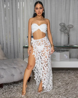 Kadijah White Bandeau Top & Crochet Cover-Up Skirt Set