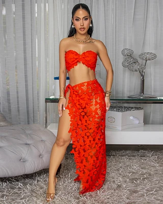 Kadijah Tomatoe Red Bandeau Top & Crochet Cover-Up Skirt Set