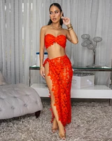 Kadijah Tomatoe Red Bandeau Top & Crochet Cover-Up Skirt Set