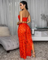 Kadijah Tomatoe Red Bandeau Top & Crochet Cover-Up Skirt Set