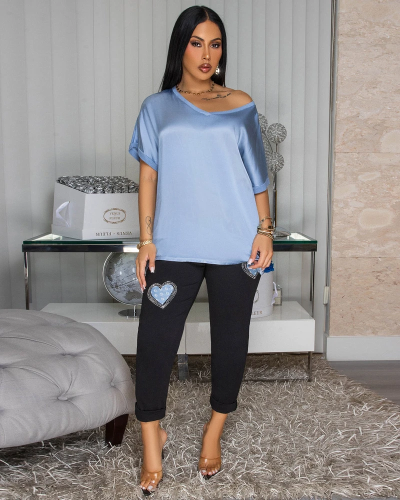 Sannela Slate Blue Silky V-Neckline Top